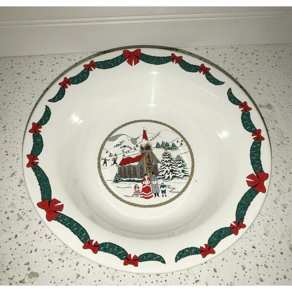 (2) HOLIDAY Christmas scene Serving BOWLS Genuine Stoneware Church - Picture 2 of 10